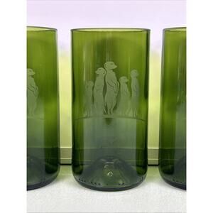Vintage Meerkats Green Tumbler Frosted Print Vase Cup Colored Glass Set Of 3